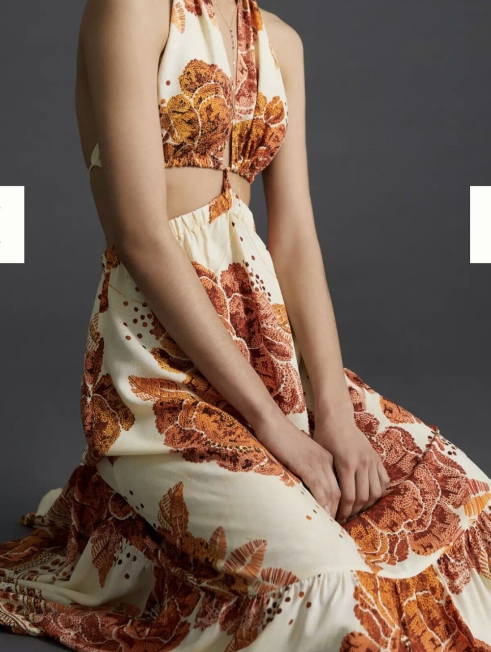FARM RIO XL Boho Floral Halter Cutout Maxi Dress Cream & Mustard